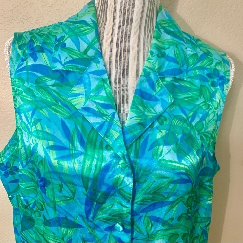 Morgan Taylor Intimates Top Sleep Top Large Sleeveless Teal Green Satin Tropical - Picture 2 of 12